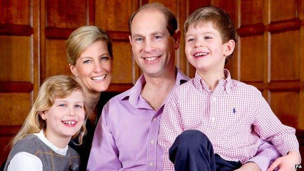 Prince Edward with the Countess of Wessex, Lady Louise Windsor and James, Viscount Severn