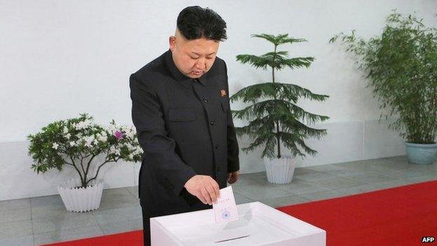 This photo dated 9 March 2014 and released by North Korea's official Korean Central News Agency (KCNA) on 10 March shows North Korean leader Kim Jong-un casting his ballot in the election of a deputy to the Supreme People's Assembly Kim Il-sung University of Politics