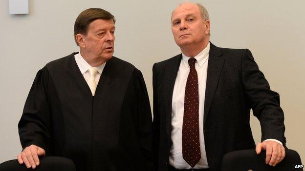 Uli Hoeness (R) with lawyer lawyer Hanns W Feigen