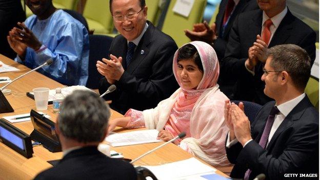 Gordon Brown and Ban Ki-Moon with Pakistani student Malala Yousafzai