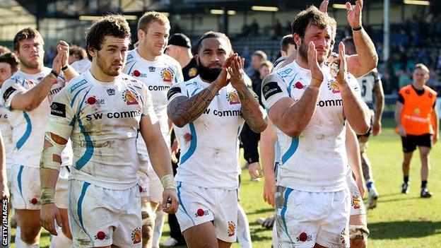 Exeter Chiefs players celebrate their semi-final win over Bath