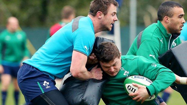 Tommy Bowe at Ireland training with Brian O'Driscoll and Simon Zebo last week