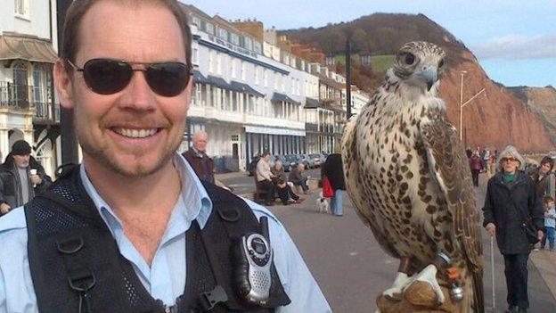 Jonathan Marshall and one of his falcons