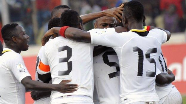 Ghana players celebrate during their play-off win over Egypt