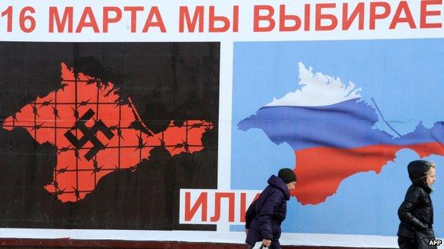 A referendum poster in Crimea reading: "On 16 March we will choose either... or..."