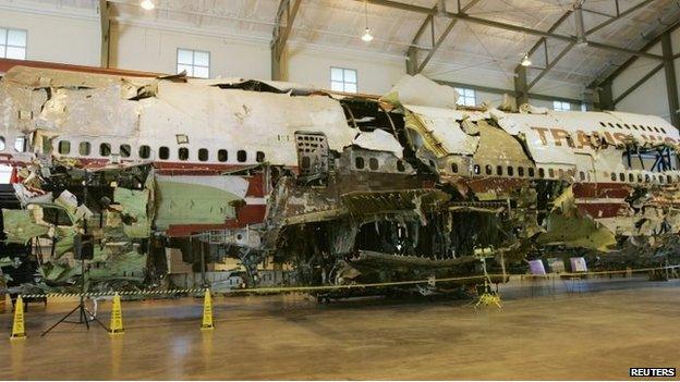 Remains of the TWA Flight 800 wreckage that were reassembled as part of the investigation