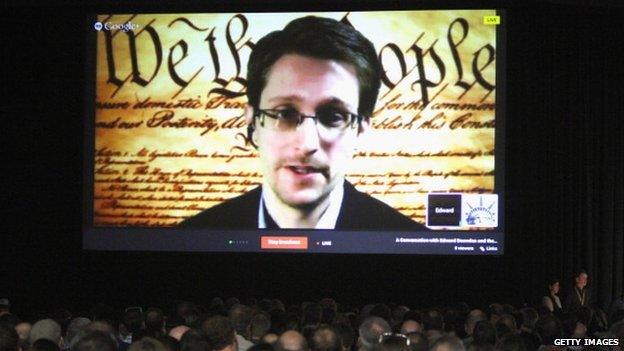 Edward Snowden appeared on video before a hall of convention-goers at the South by Southwest Interactive convention on Monday