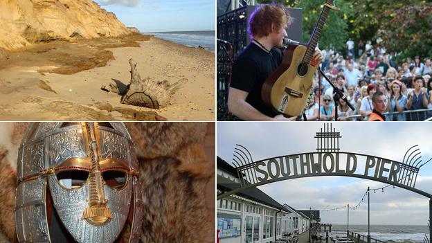 Covehithe (by Evelyn Simak), Ipswich Music Day (by Jen O'Neill), Sutton Hoo and Southwold Pier (by Graham Horn)