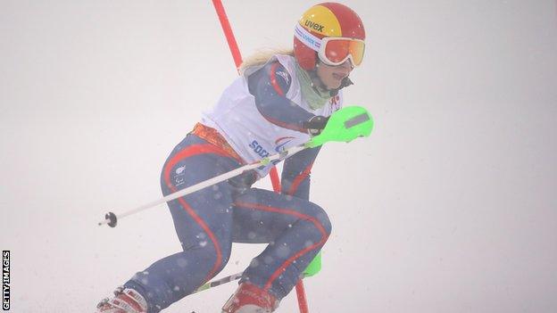 Kelly Gallagher in action in the visually impaired slalom on Thursday before her fall