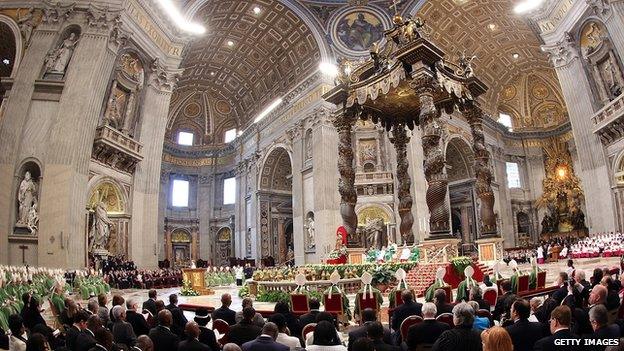A view of St Peter's Basilica during a mass with newly appointed cardinals held by Pope Francis on February 23, 2014 in Vatican City, Vatican