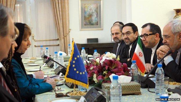 Catherine Ashton talks to Iranian officials, including Mohammad Javad Zarif, in Tehran