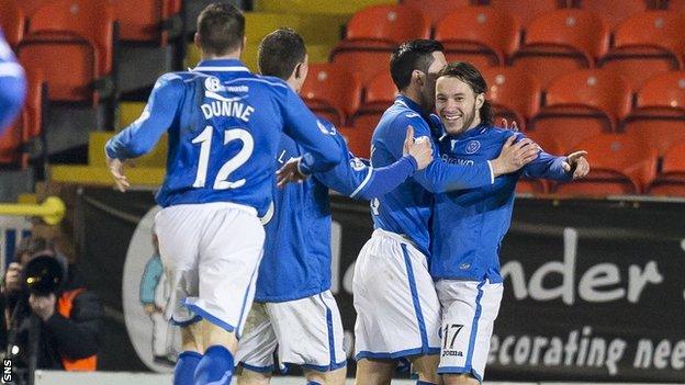 Stevie May celebrates after his puts St Johnstone 1-0 up against Dundee United