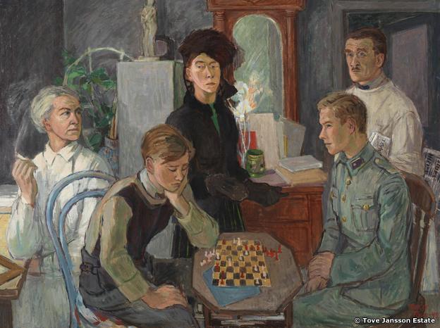 Tove Jansson's family, with brothers playing chess in the foreground. Tove Jansson: Family (1942). Private collection