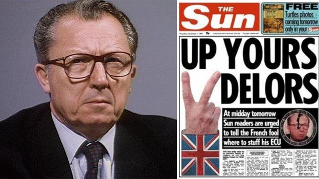 Jacques Delors, and Sun headline from 1 November 1990