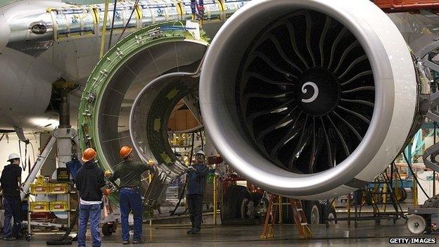 An engine being installed in a new Boeing 777 jet