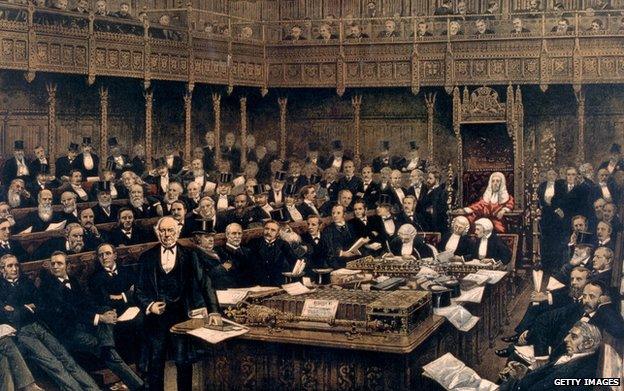 prime minister William Ewart Gladstone (1809 - 1898) delivering his last speech in the House of Commons