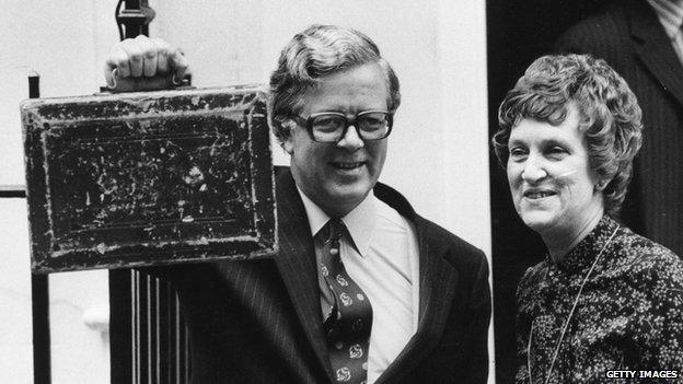 Conservative chancellor of the exchequer Sir Geoffrey Howe holds up the Budget Box on leaving 11 Downing Street with his wife on Budget Day