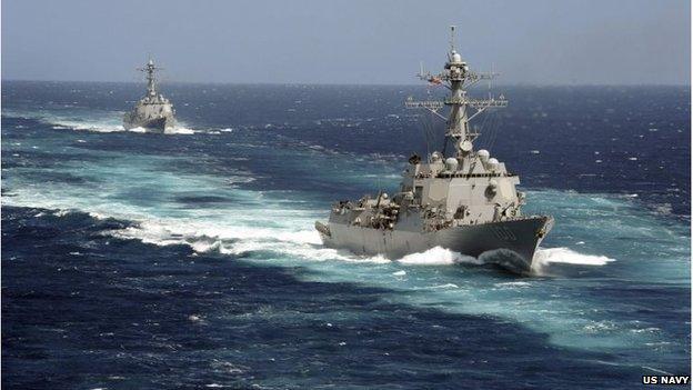 USS Kidd and USS Pinckney are seen en transit in the Pacific Ocean in this US Navy picture taken May 18, 2011