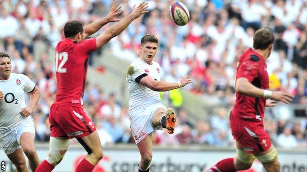 England fly-half Owen Farrell kicks against Wales