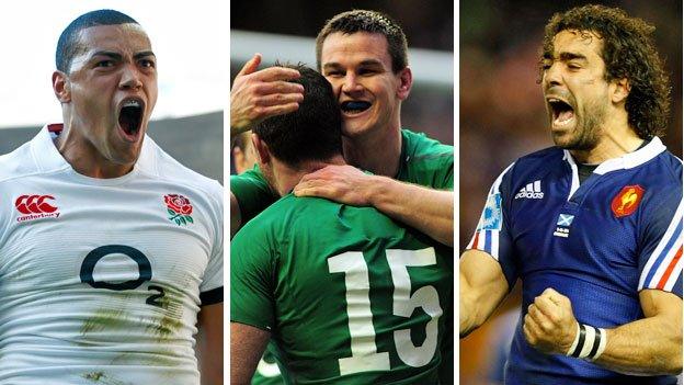 England's Luther Burrell, Ireland's Jonny Sexton and Rob Kearney and France's Yoann Huget celebrate 2014 Six Nations tries