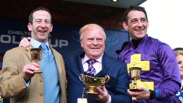 Jockey Davy Russell (right) celebrates with trainer Jim Culloty (left) and owner Ronan Lambe