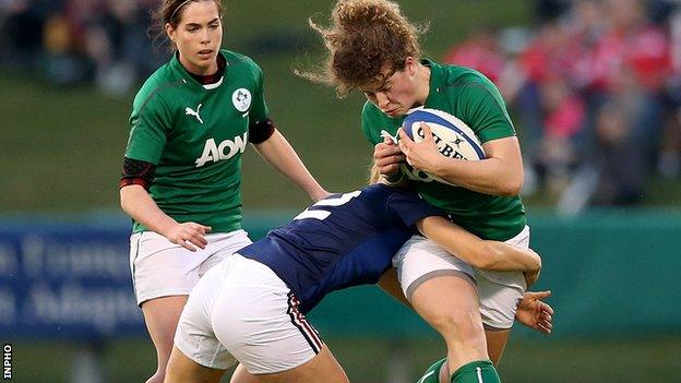 France's Majorie Mayans tackles Irish opponent Jenny Murphy