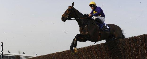 Davy Russell successfully takes Lord Windermere over another fence on the way to Gold Cup glory.