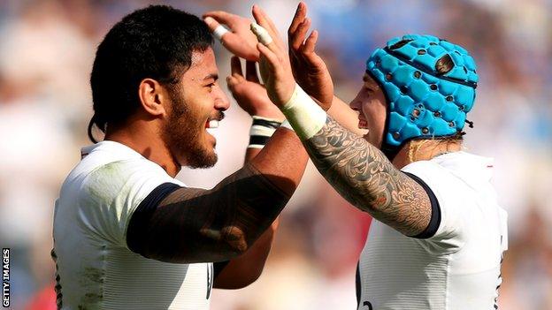 Manu Tuilagi (left) and Jack Nowell celebrate an England try