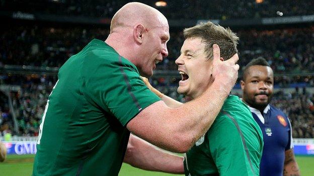 Ireland captain Paul O'Connell embraces Brian O'Driscoll after Ireland clinched the Six Nations title