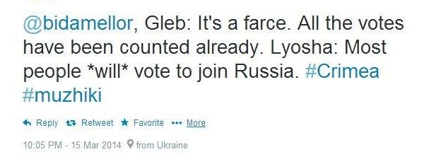 Gleb: It's a farce. All the votes have been counted already. Lyosha: Most people *will* vote to join Russia. #Crimea #muzhiki