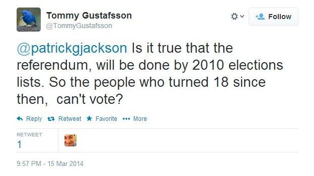 Tommy Gustafsson asks: Is it true that the referendum, will be done by 2010 elections lists. So the people who turned 18 since then, can't vote?