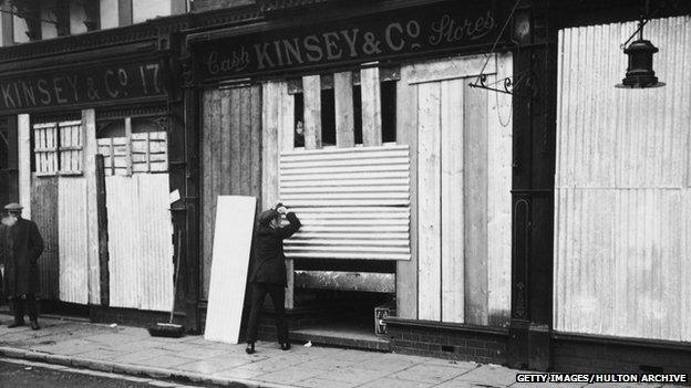 Boarded up shops in Tonypandy, 1910