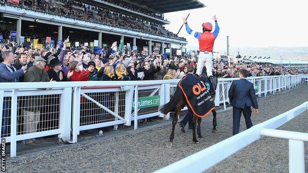 Ruby Walsh takes the applause after winning the OLBG Mares' Hurdles race on Quevega