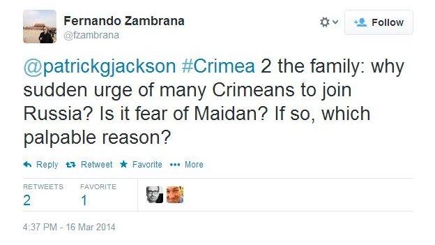 Fernando Zambrana asks: Why sudden urge of many Crimeans to join Russia? Is it fear of Maidan? If so, which palpable reason?