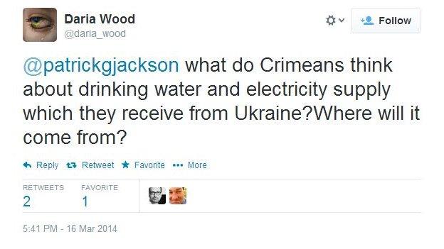 Daria Wood asks: What do Crimeans think about drinking water and electricity supply which they receive from Ukraine? Where will it come from?