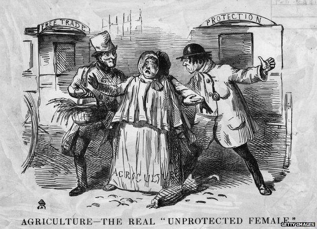 A cartoon showing a bucolic woman labelled 'Agriculture' being pestered by two man, 'Free Trade' and 'Protection' representing Brough and Disraeli. Punch - pub. 1846