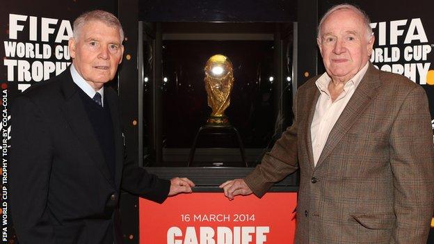 Colin Baker and Terry Medwin with the FIFA World Cup in Cardiff