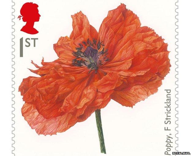 Stamp featuring painting of a poppy by Fiona Strickland