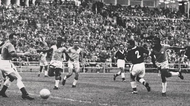 Pele scores Brazii's winner at the 1958 World Cup