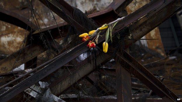 Flowers placed on a barricade wilt near Kiev's Independence Square, Ukraine, on 17 March 2014.