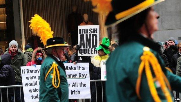 Gay rights supporters protest against the exclusion of the gay community from the St. Patrick's Day parade during the annual event in New York 17 March 2014