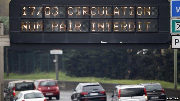 An electronic road sign reads "Road traffic forbidden for even-numbered licence plates" on the Paris ring road