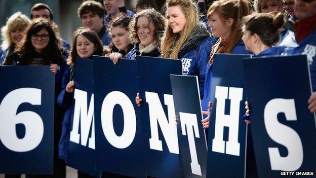 Children holding six-months-to-go signs