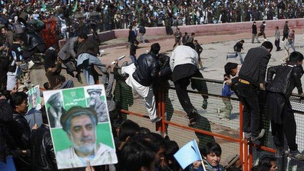 Supporters of Abdullah Abdullah at a campaign rally at Kabul stadium