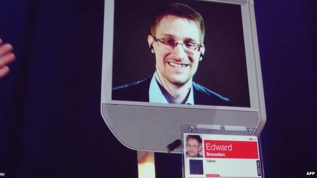 Former NSA contractor Edward Snowden appears by remote-controlled robot at a TED conference in Vancouver on 18 March 2014