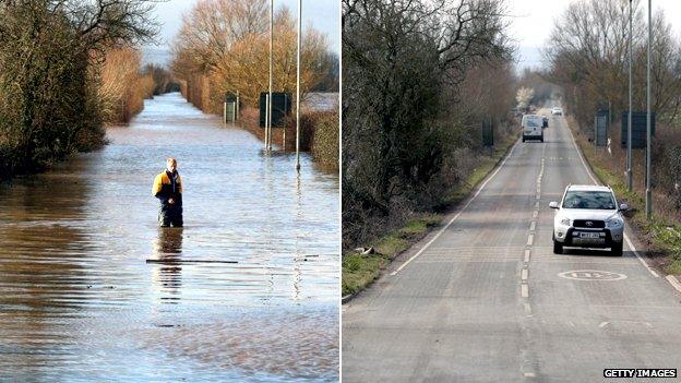Two photos comparing the A361 road between East Lyng and Burrowbridge in Somerset during and after the flooding
