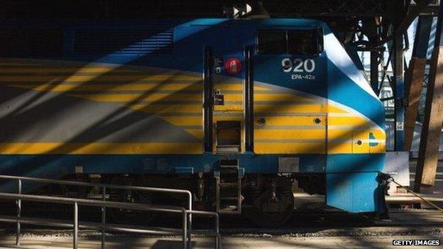 A VIA Rail train engine sits idle at Union Station in Toronto, Ontario, 22 April 2013