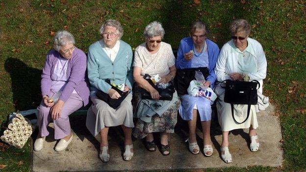 Five elderly ladies having lunch on a park bench in Alexandra Gardens, Windsor in this stock photo from 12/09/2007