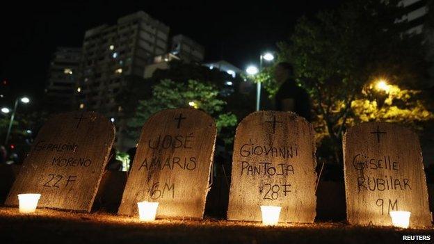 A man walks walks behind mock tombstones with the names of victims of violence, during a protest against Nicolas Maduro's government at Altamira square in Caracas March 19, 2014.