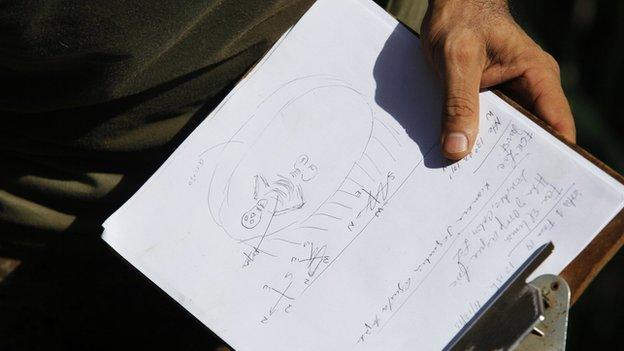 Forensic technician holds a drawing of the position of a human body during an exhumation at a hidden mass grave discovered in Lourdes